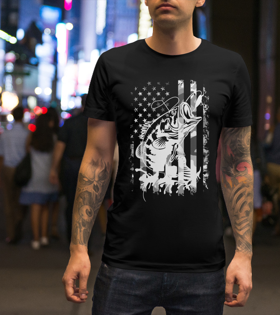 USA Flag Camouflage Bass Fishing T-Shirt