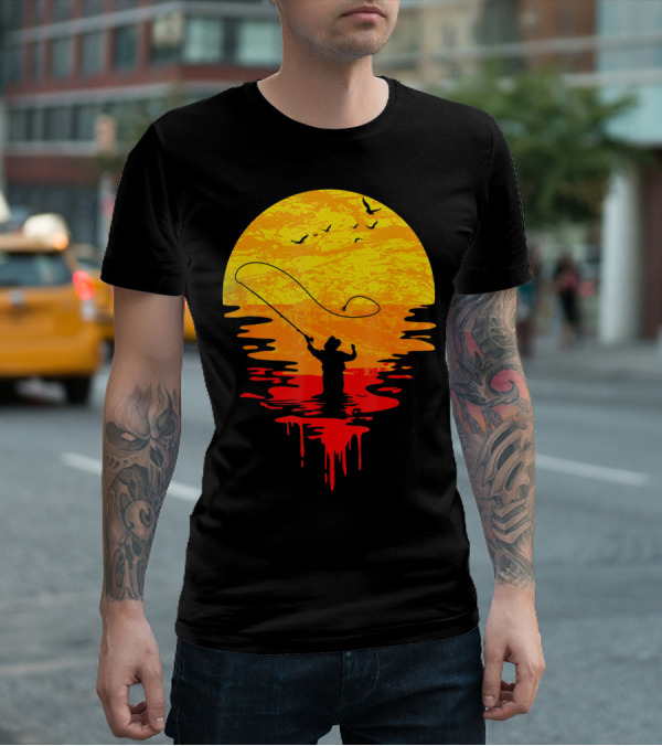 Fly Fishing At Sunset Vintage Style Silhouette With Birds T-Shirt