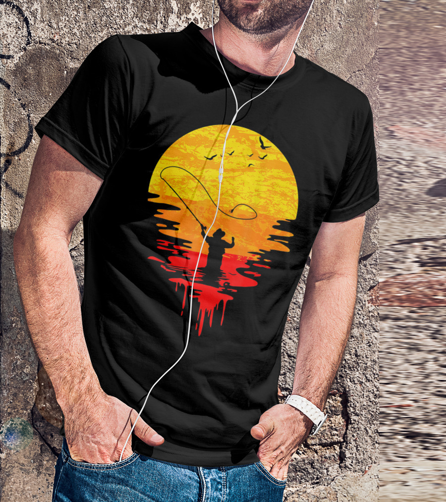 Fly Fishing At Sunset Vintage Style Silhouette With Birds T-Shirt