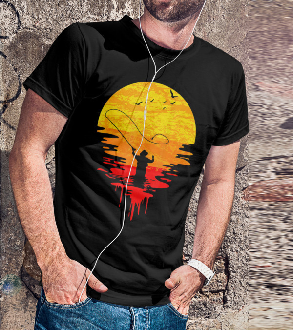 Fly Fishing At Sunset Vintage Style Silhouette With Birds T-Shirt