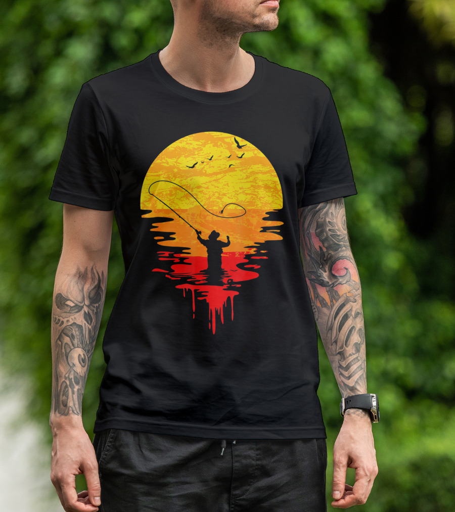 Fly Fishing At Sunset Vintage Style Silhouette With Birds T-Shirt
