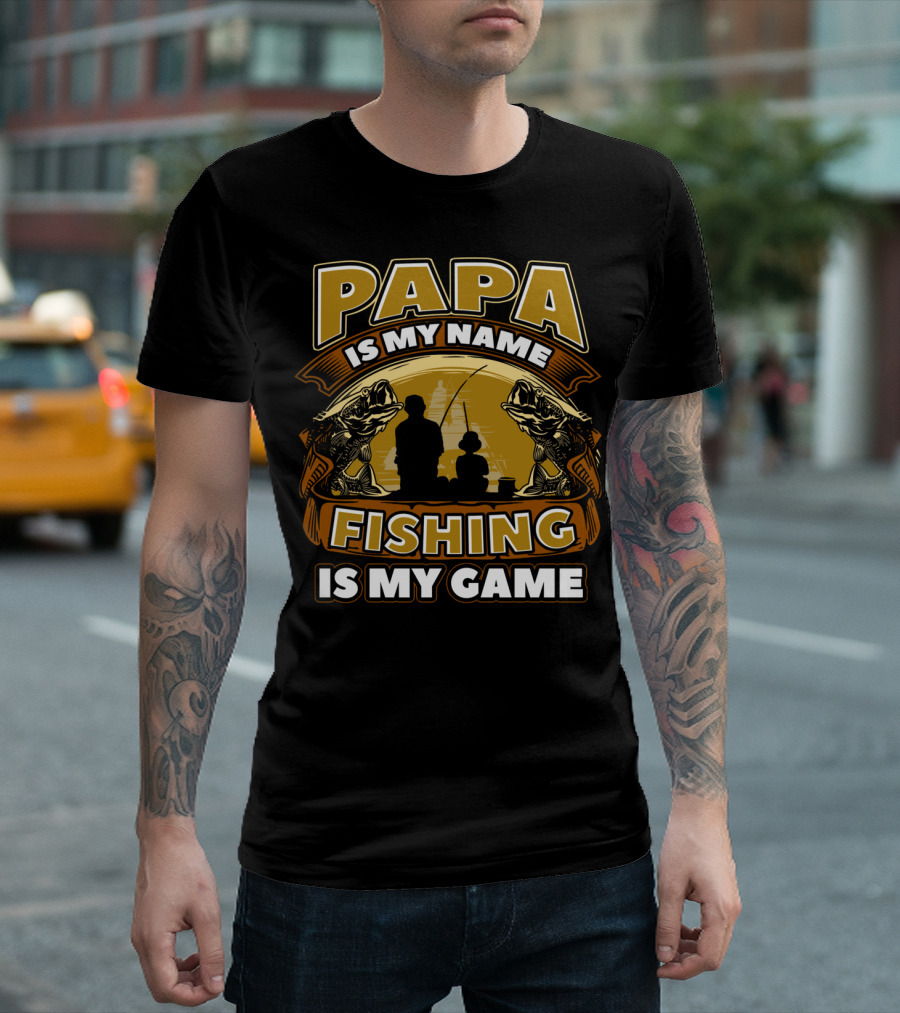 Papa Is My Name Fishing Is My Game Silhouette and Fish Reflections T-Shirt