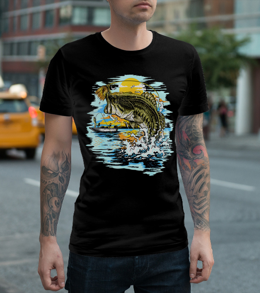 Large Mouth Bass Catching Fly Fishing Adventure in Scenic Lake Sunrise T-Shirt