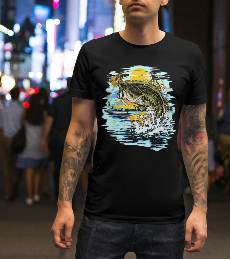 Large Mouth Bass Catching Fly Fishing Adventure In Scenic Lake Sunrise T-Shirt