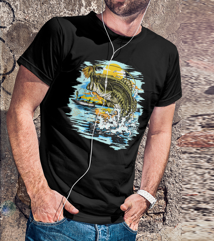Large Mouth Bass Catching Fly Fishing Adventure In Scenic Lake Sunrise T-Shirt
