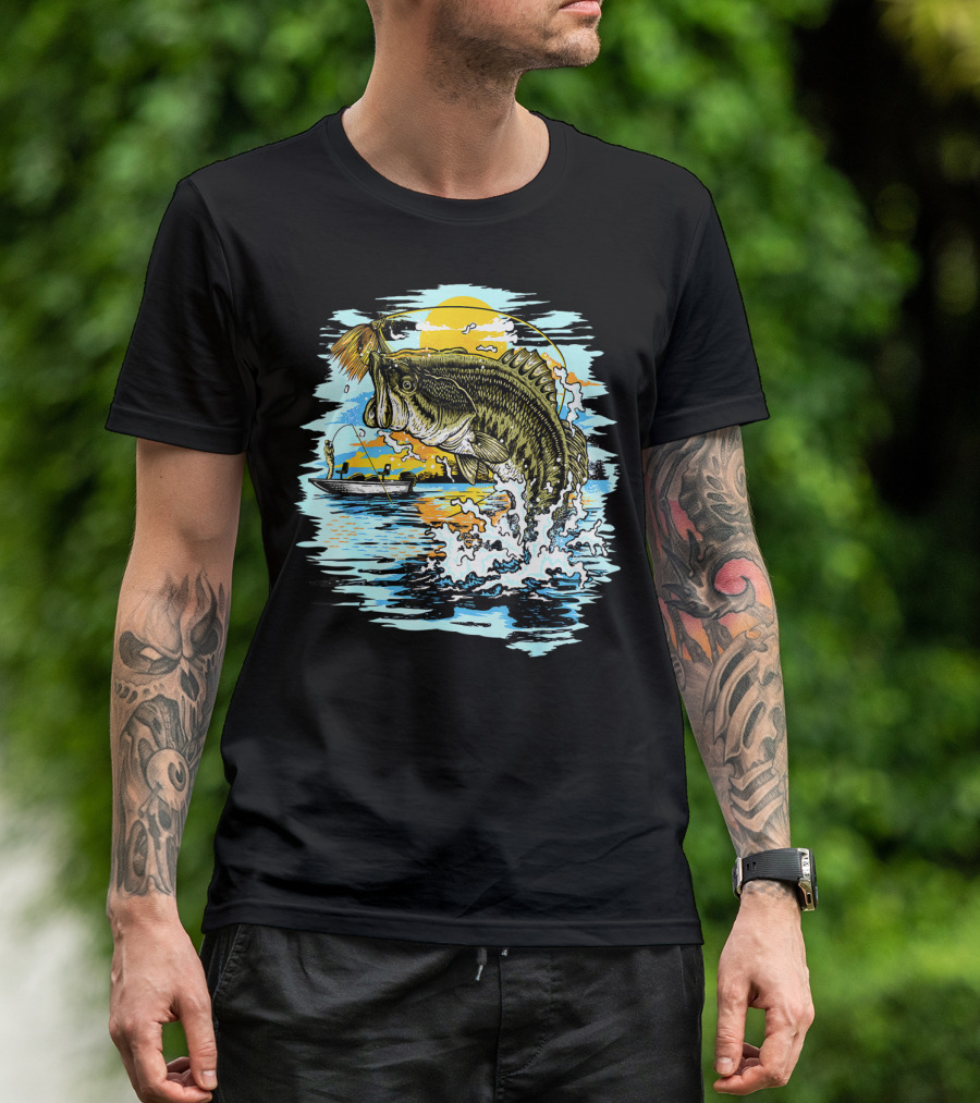 Large Mouth Bass Catching Fly Fishing Adventure In Scenic Lake Sunrise T-Shirt