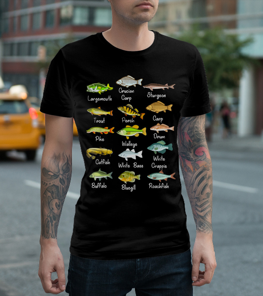 Freshwater Fish Species: Largemouth, Crucian Carp, Sturgeon, Trout, Perch, Carp, Pike, Walleye, Drum, Catfish, White Bass, White Crappie, Buffalo, Bluegill, Roachfish T-Shirt