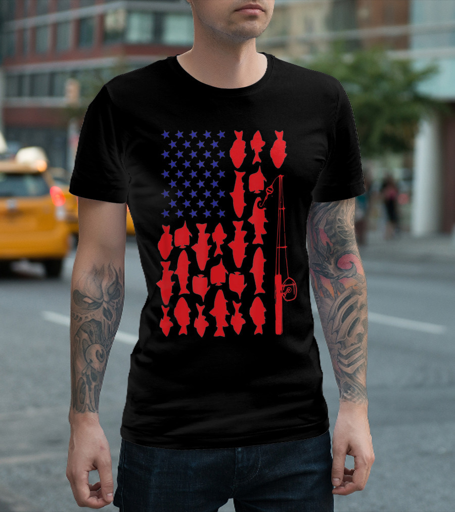 USA Flag Fish Fishing Rod Funny 4th Of July T-Shirt