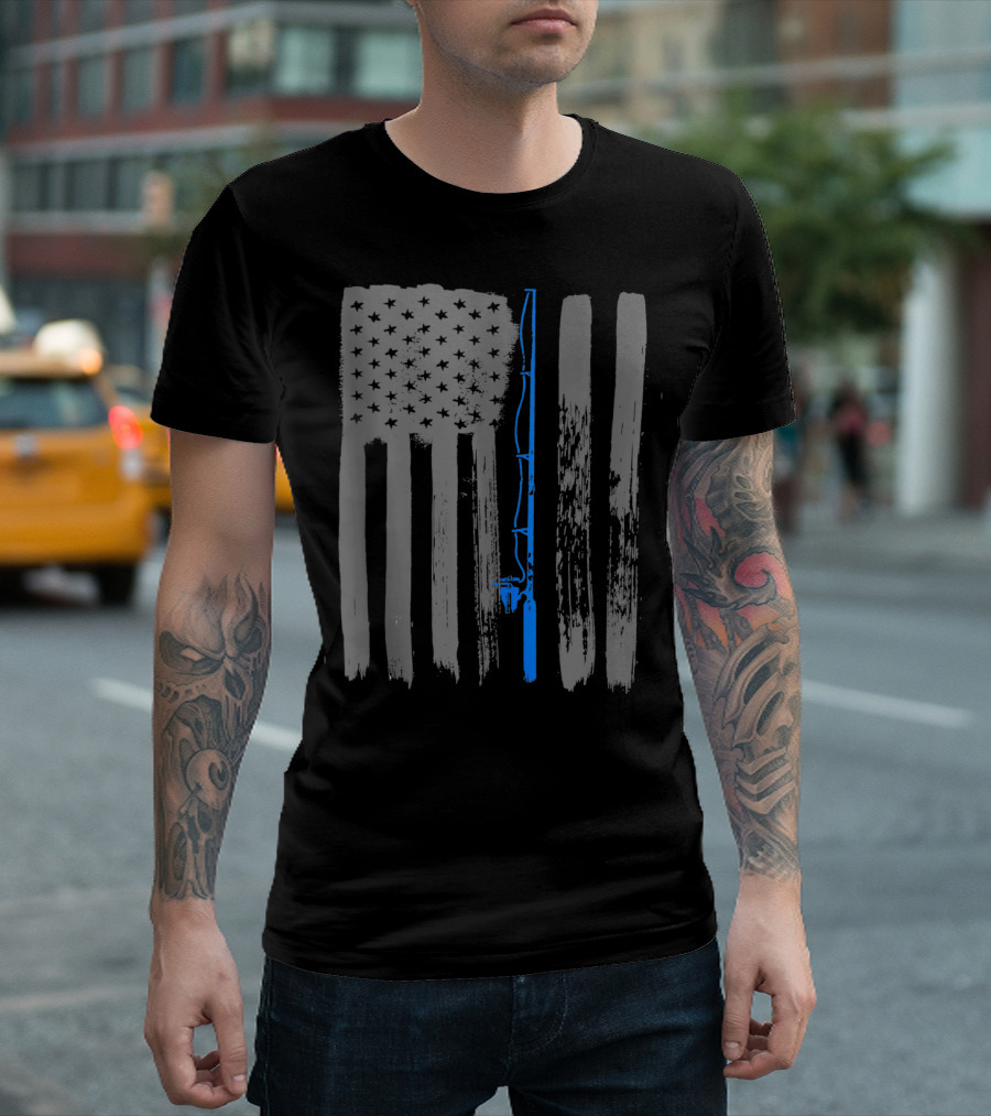 Vintage American Flag Fishing Pole Blue Line T-Shirt