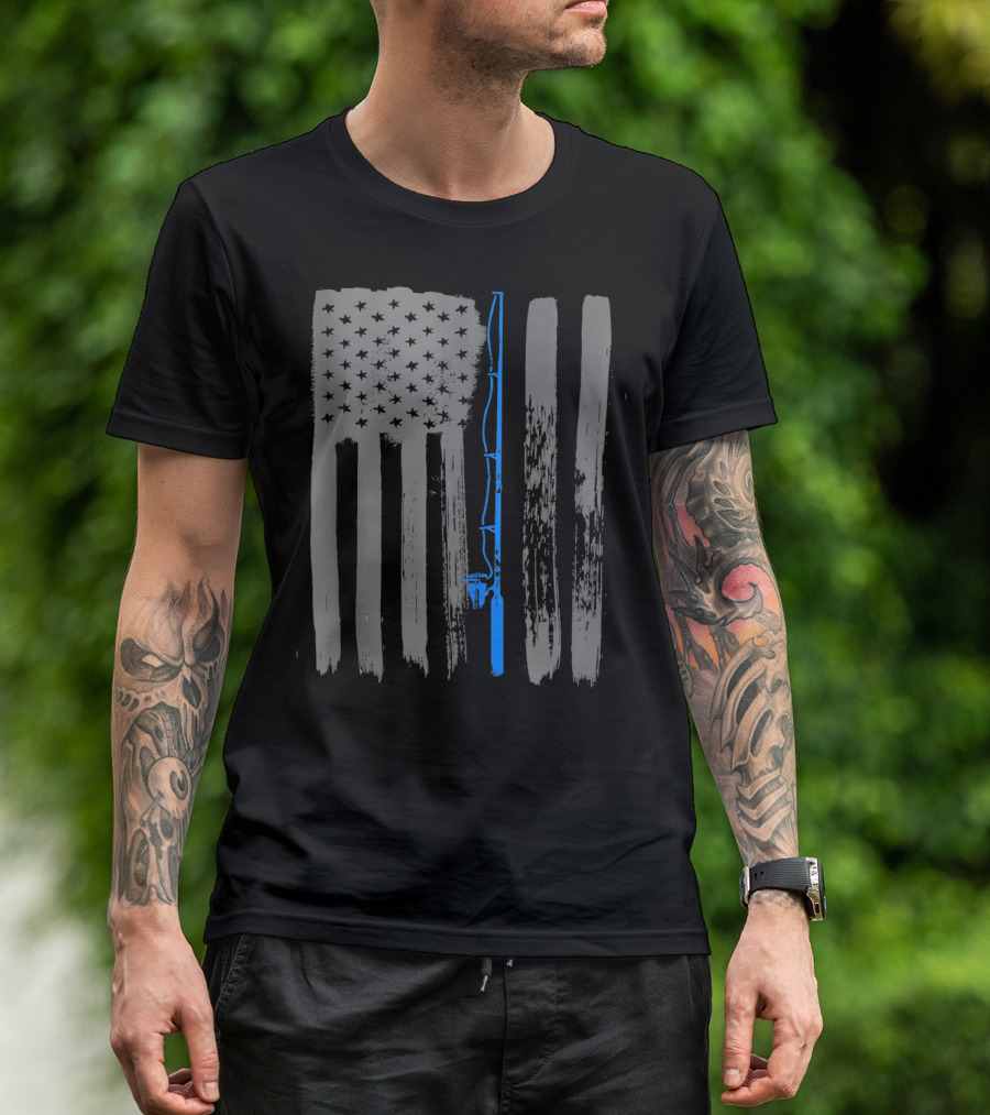 Vintage American Flag Fishing Pole Blue Line T-Shirt