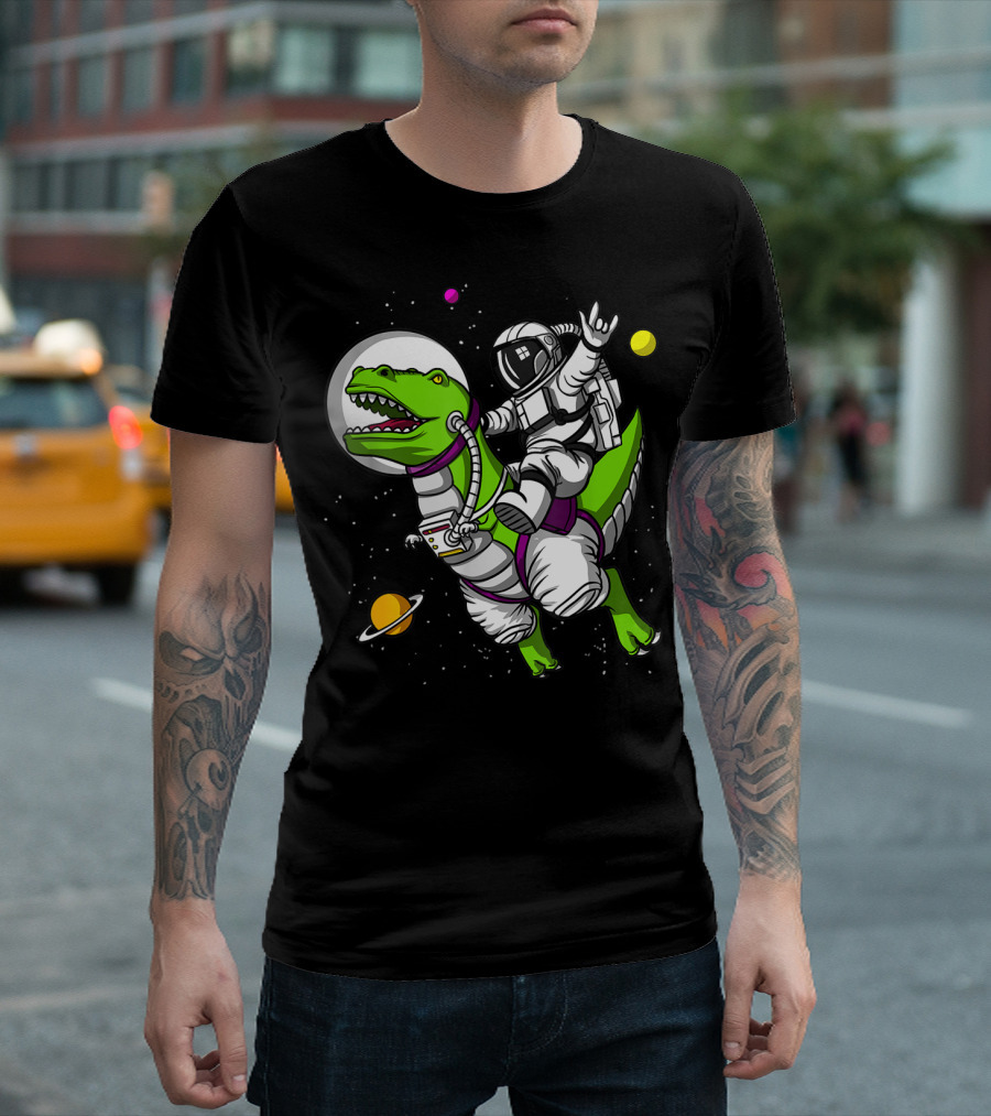 Astronaut Riding TRex Dinosaur in Outer Space with Planets T-Shirt