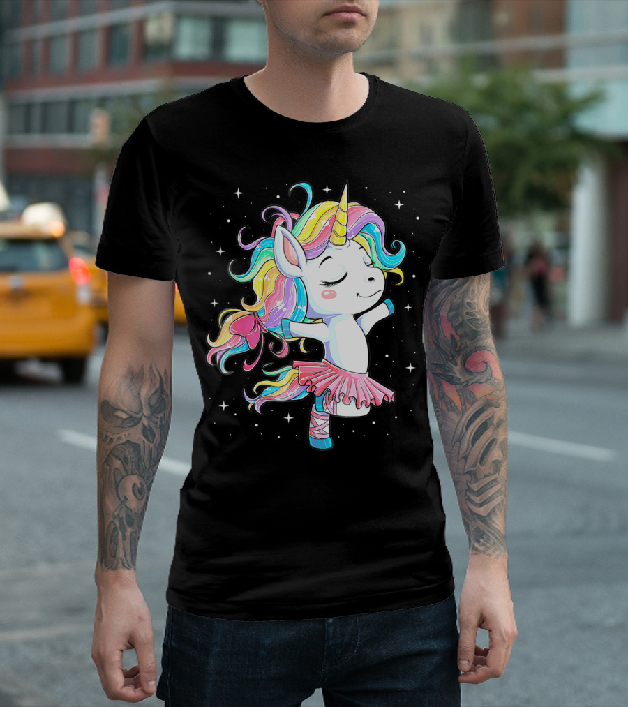 Ballet Dancer Unicorn Kids Girls Rainbow Ballerina Twirling Among Stars T-Shirt