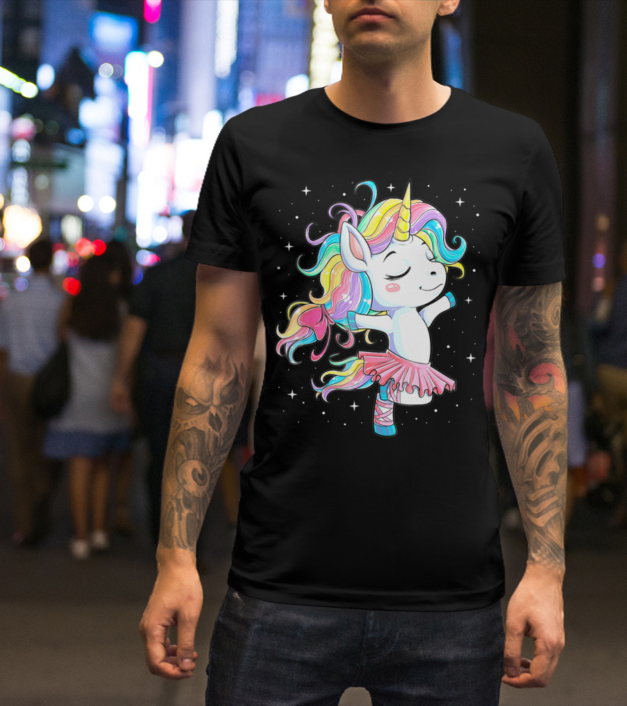 Ballet Dancer Unicorn Kids Girls Rainbow Ballerina Twirling Among Stars T-Shirt