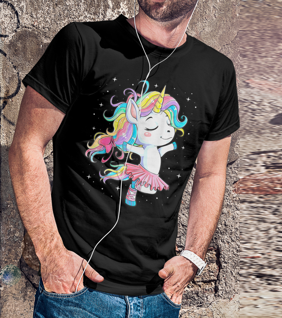 Ballet Dancer Unicorn Kids Girls Rainbow Ballerina Twirling Among Stars T-Shirt