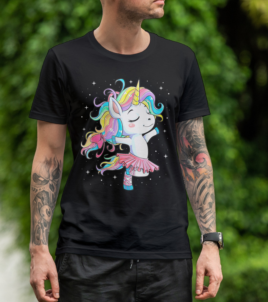 Ballet Dancer Unicorn Kids Girls Rainbow Ballerina Twirling Among Stars T-Shirt