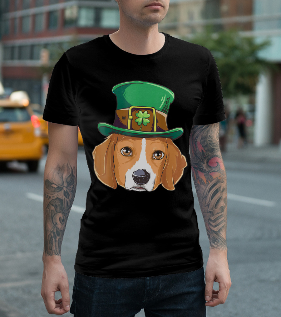 Beagle Wearing Leprechaun Hat with Shamrock T-Shirt
