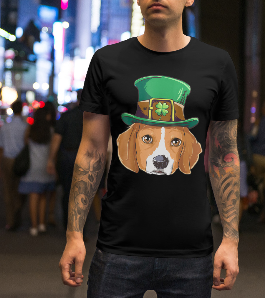 Beagle Wearing Leprechaun Hat With Shamrock T-Shirt