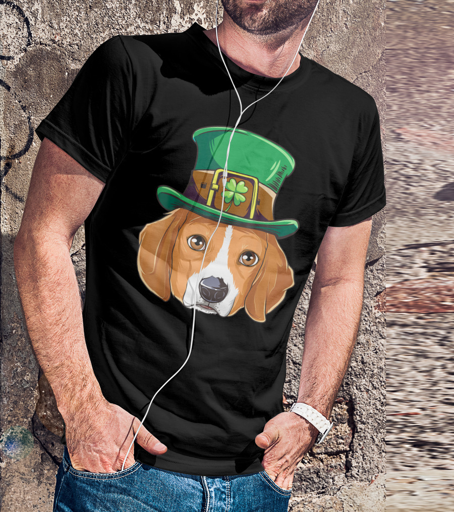 Beagle Wearing Leprechaun Hat With Shamrock T-Shirt