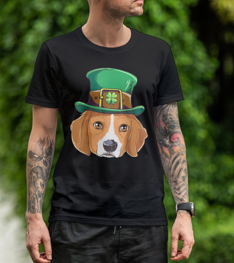 Beagle Wearing Leprechaun Hat With Shamrock T-Shirt