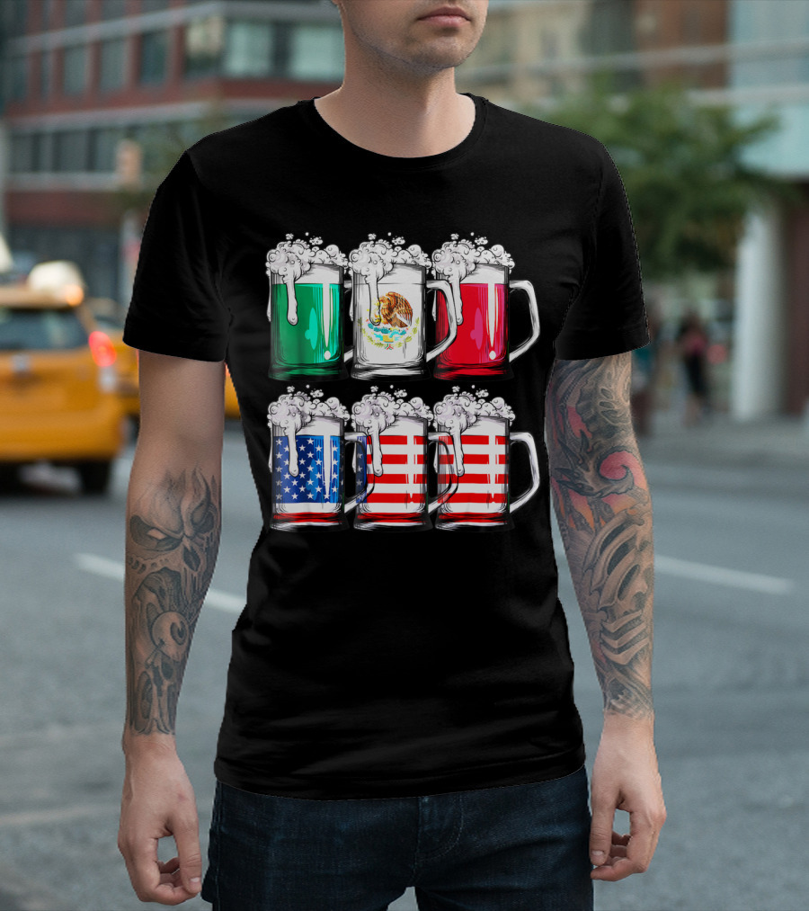 Beer Mugs Mexican American Flags Cinco De Mayo T-Shirt