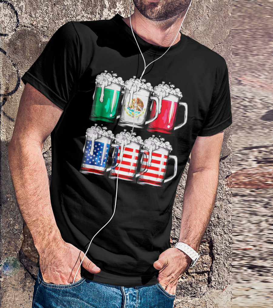 Beer Mugs Mexican American Flags Cinco De Mayo T-Shirt