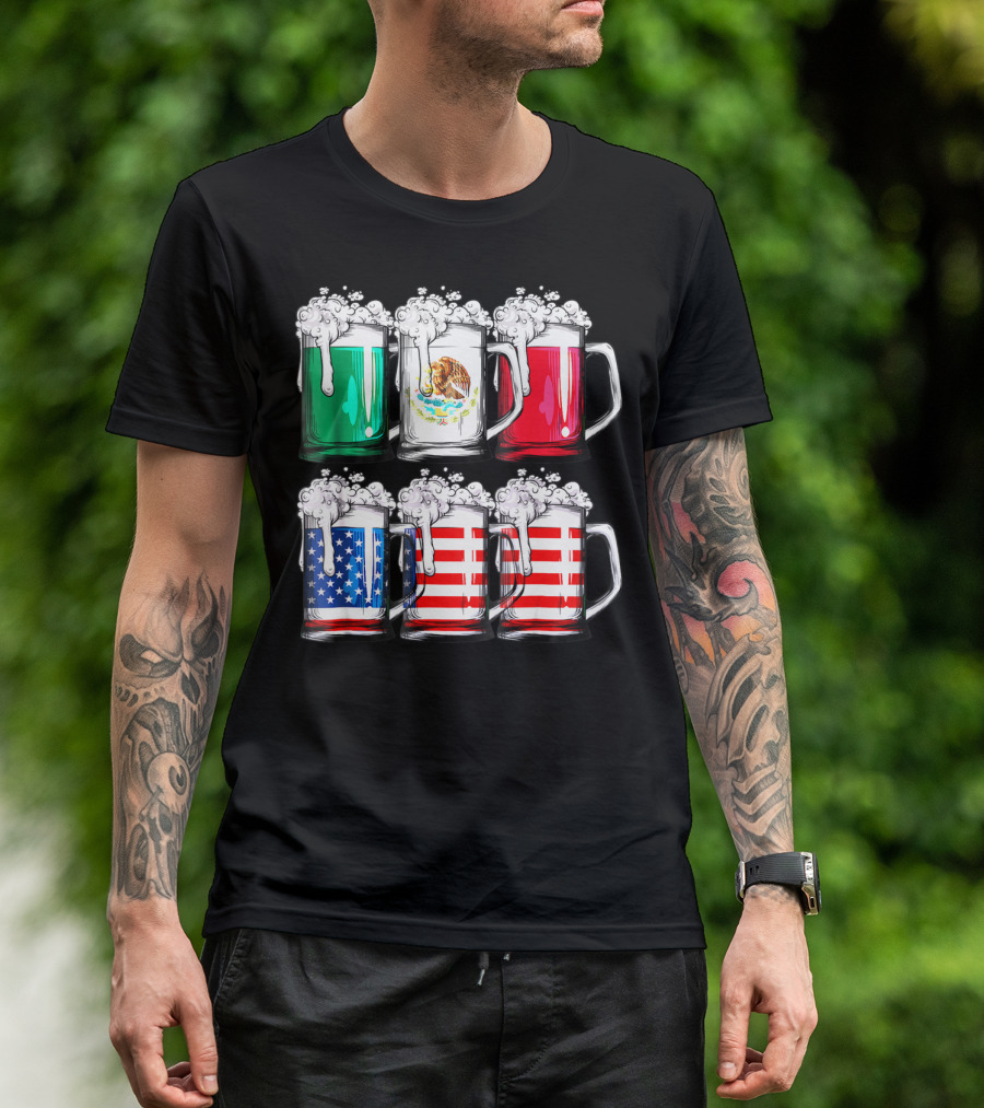 Beer Mugs Mexican American Flags Cinco De Mayo T-Shirt