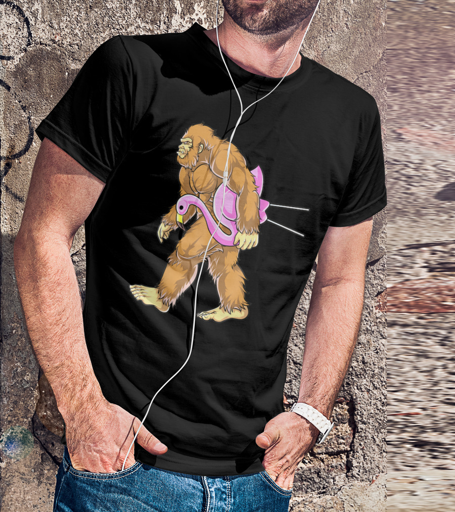 Bigfoot Carrying Pink Lawn Flamingo Humorous Sasquatch Image T-Shirt