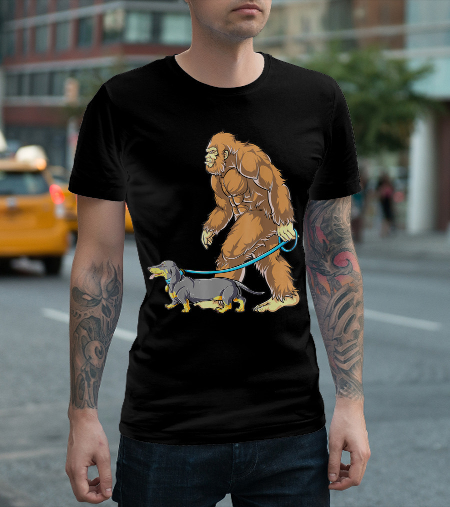 Bigfoot Sasquatch Walking Dachshund Dog T-Shirt