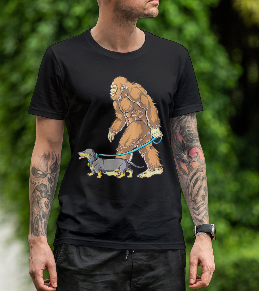Bigfoot Sasquatch Walking Dachshund Dog T-Shirt