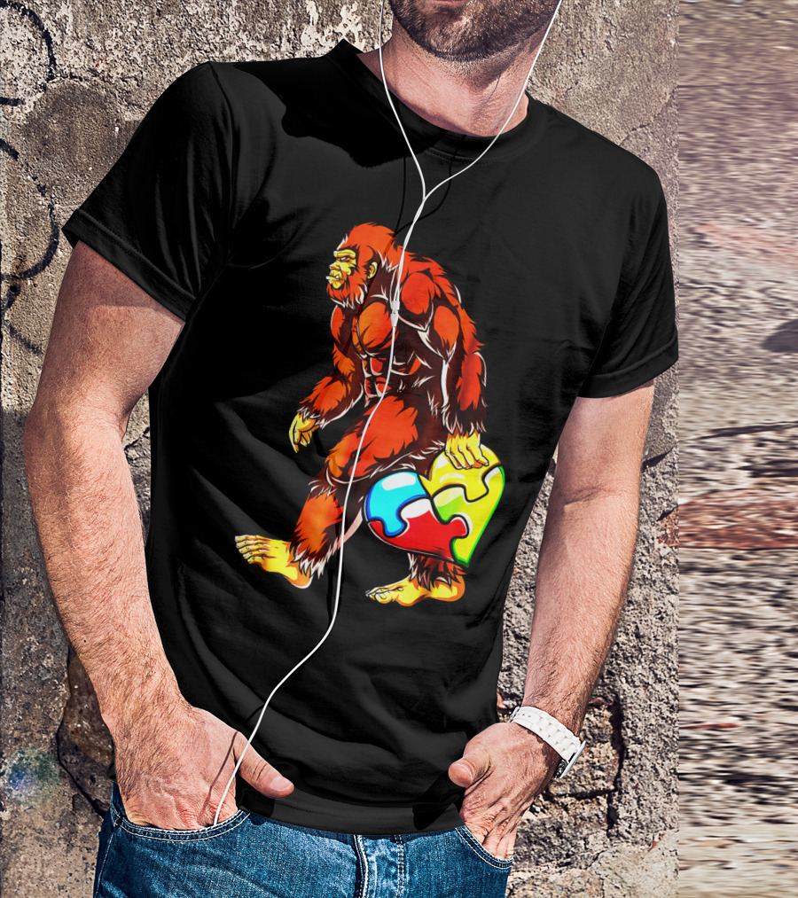 Bigfoot Holding Heart-Shaped Puzzle Piece For Autism Awareness T-Shirt