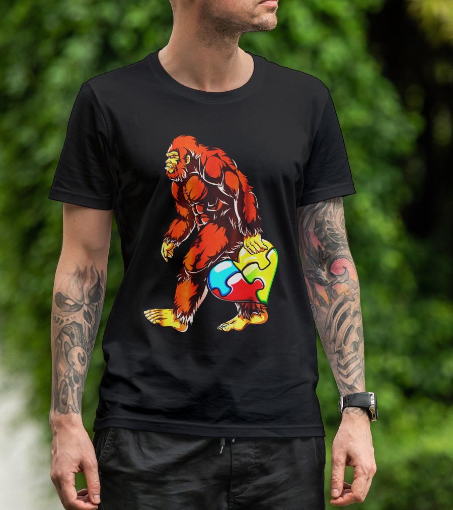 Bigfoot Holding Heart-Shaped Puzzle Piece For Autism Awareness T-Shirt