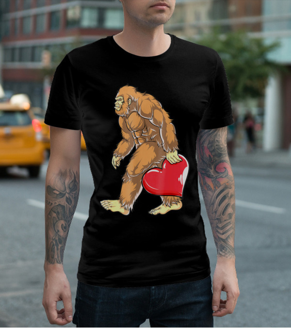 Valentine's Day Bigfoot Holding Heart Sasquatch Love For Men T-Shirt