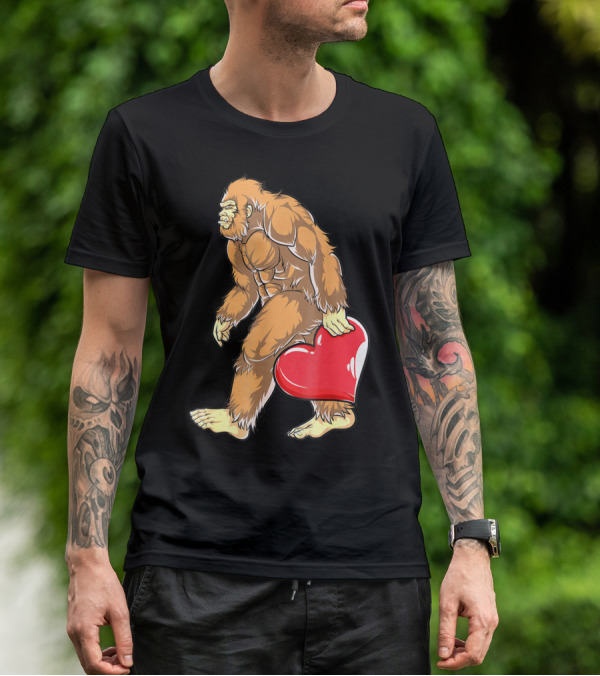 Valentine's Day Bigfoot Holding Heart Sasquatch Love For Men T-Shirt
