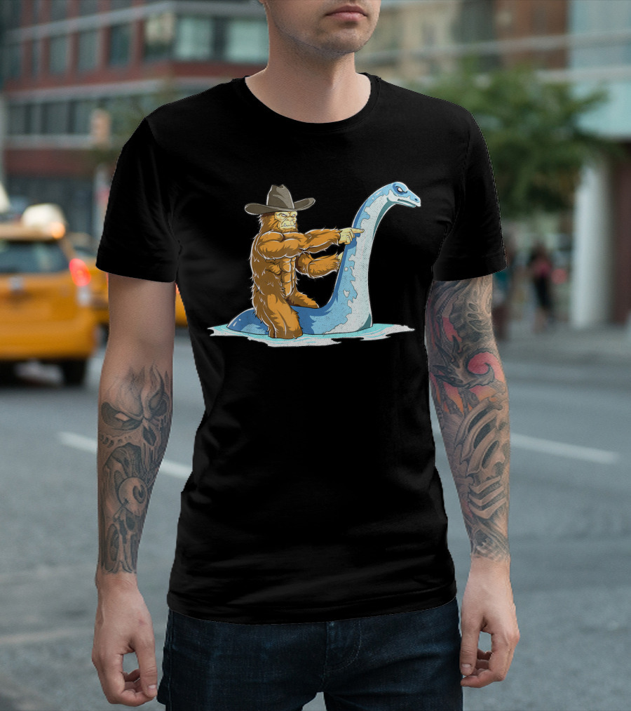 Bigfoot Riding Loch Ness Monster Cowboy Style Sasquatch Nessie T-Shirt