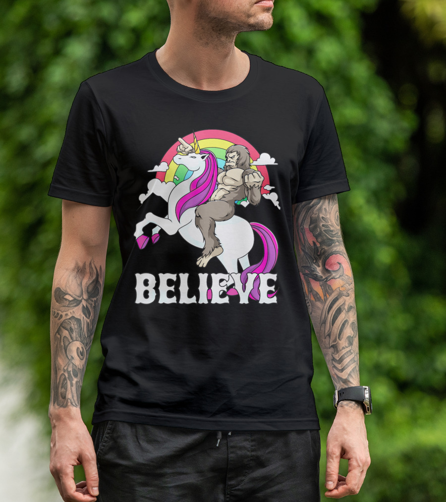 Bigfoot Riding Unicorn With Rainbow Believe T-Shirt