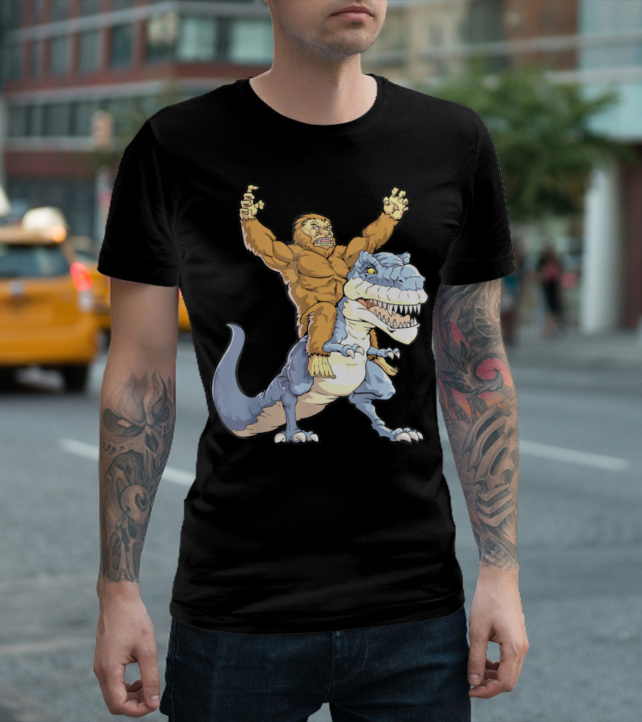 Bigfoot Sasquatch Riding Dinosaur Adventure T-Shirt
