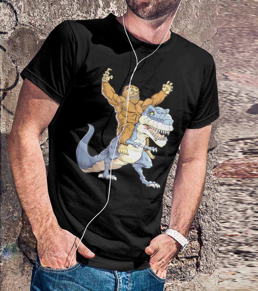 Bigfoot Sasquatch Riding Dinosaur Adventure T-Shirt