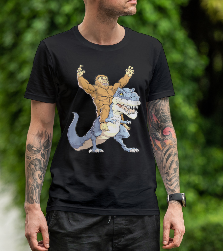 Bigfoot Sasquatch Riding Dinosaur Adventure T-Shirt