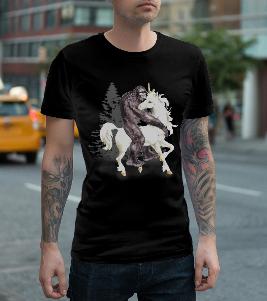 Bigfoot Sasquatch On A Unicorn In Mystical Forest Scene T-Shirt