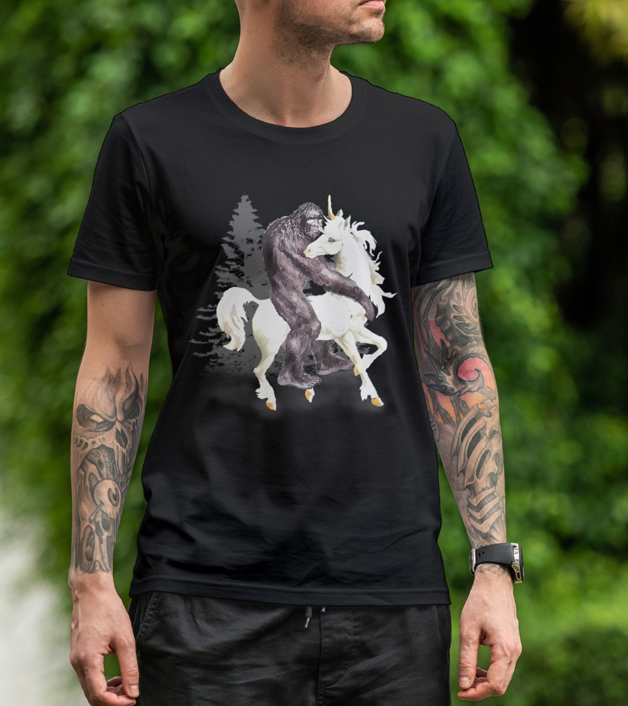 Bigfoot Sasquatch On A Unicorn In Mystical Forest Scene T-Shirt
