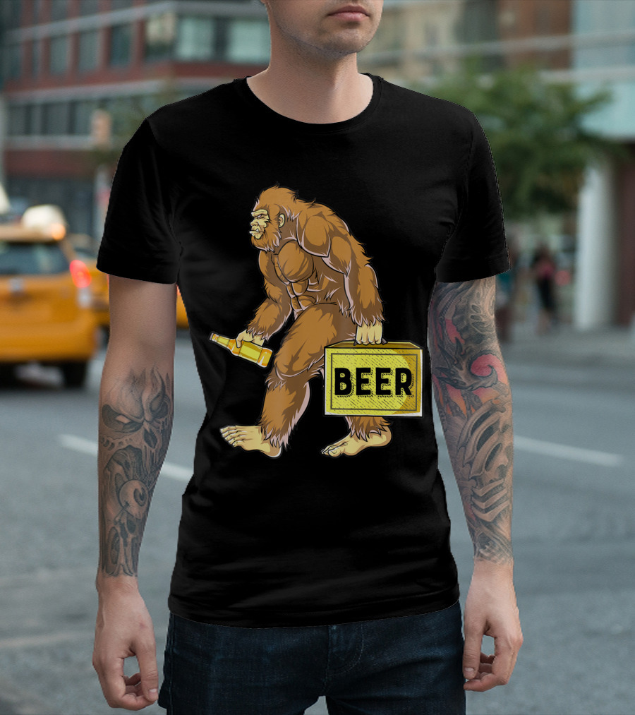 Bigfoot With Beer Funny Sasquatch Drinking Party Carrying Beer Box T-Shirt