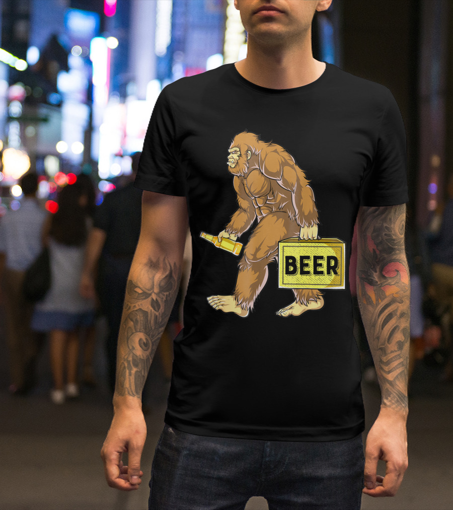 Bigfoot With Beer Funny Sasquatch Drinking Party Carrying Beer Box T-Shirt