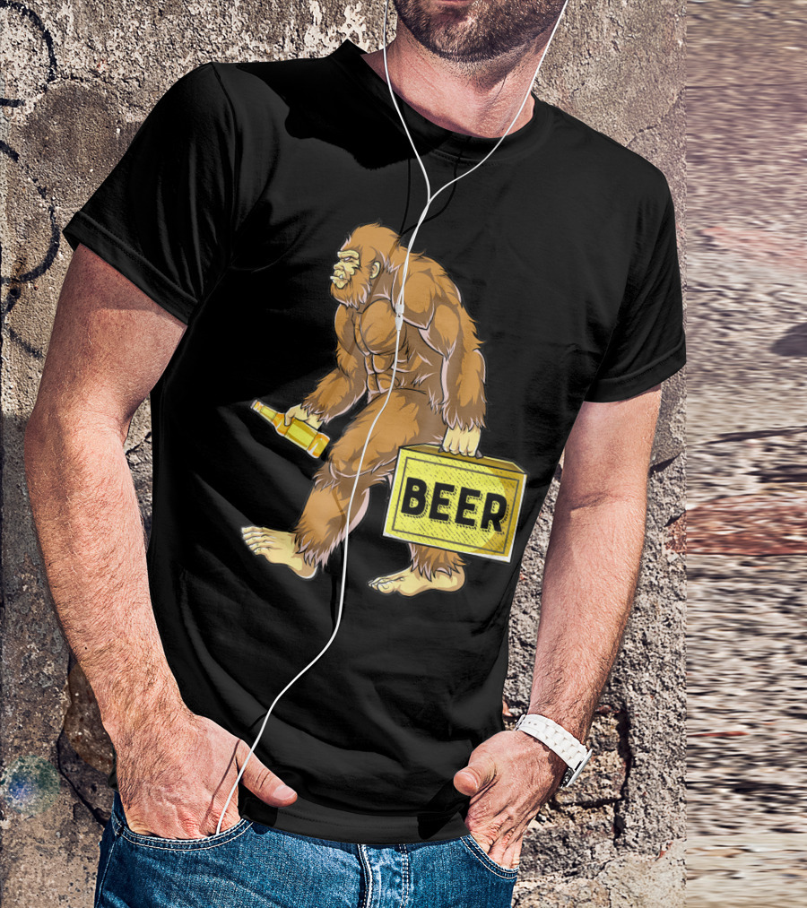 Bigfoot With Beer Funny Sasquatch Drinking Party Carrying Beer Box T-Shirt