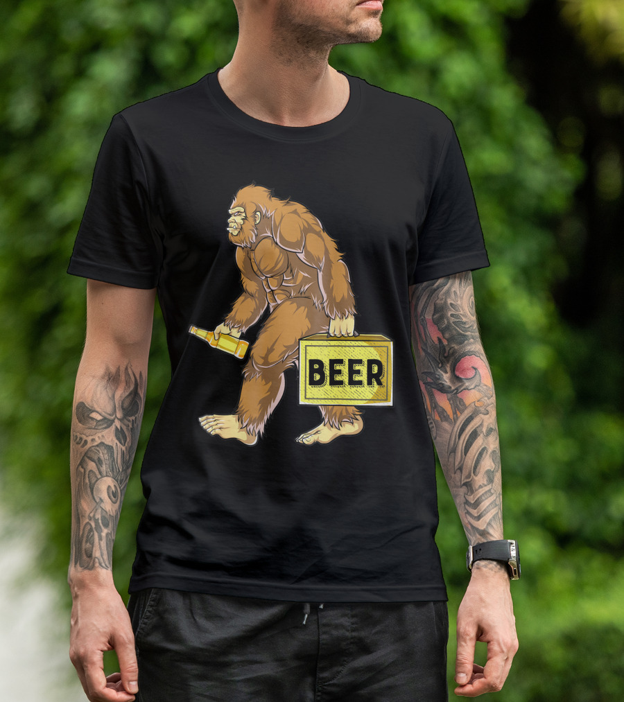 Bigfoot With Beer Funny Sasquatch Drinking Party Carrying Beer Box T-Shirt