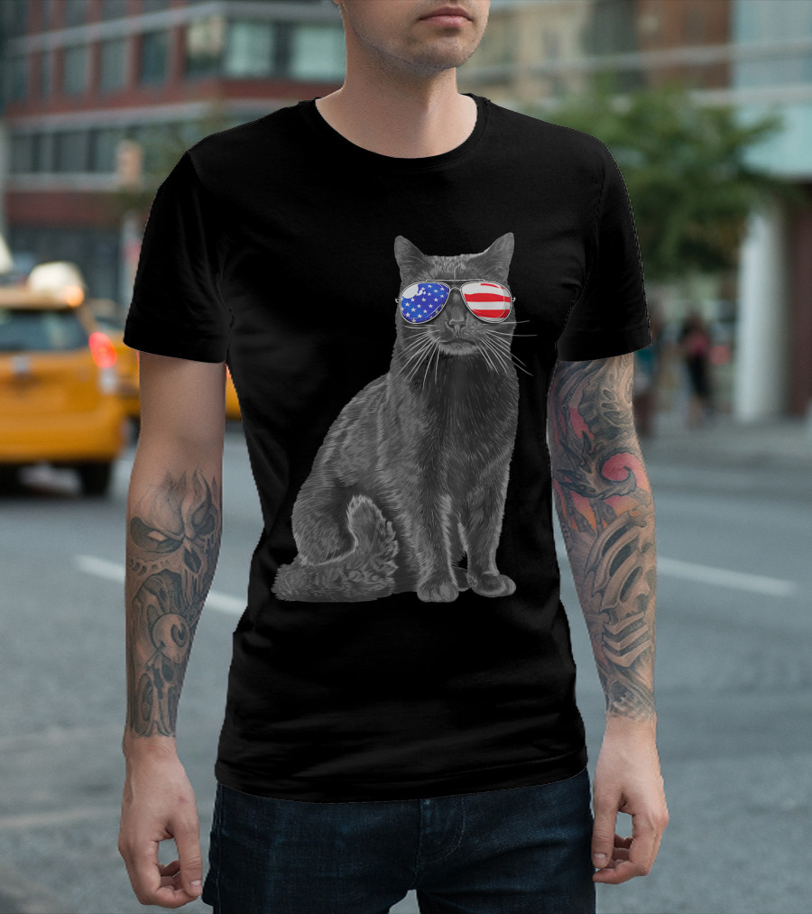 Black Cat Meowica 4th of July American Flag Sunglasses T-Shirt