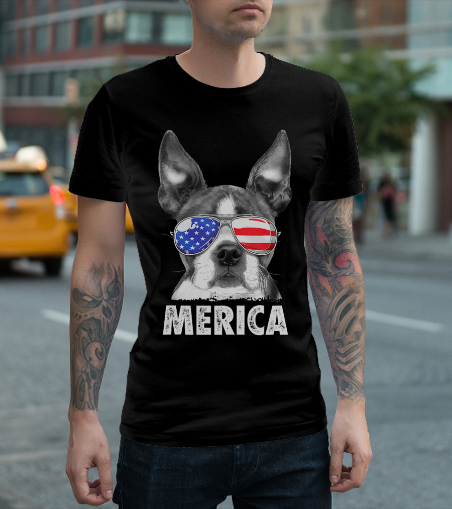 Boston Terrier Merica USA Flag 4th Of July T-Shirt