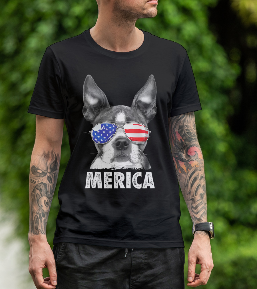 Boston Terrier Merica USA Flag 4th Of July T-Shirt