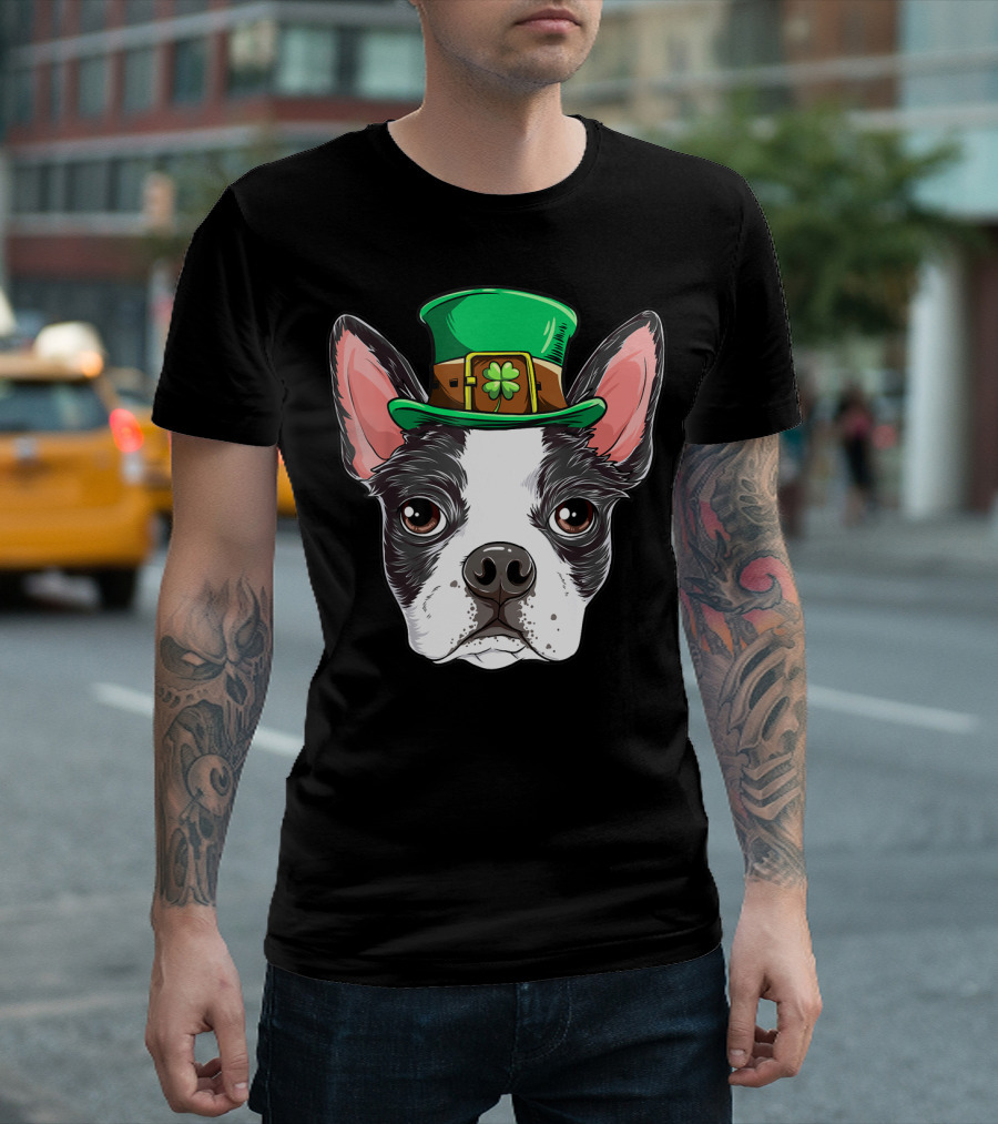 Boston Terrier St Patricks Day Leprechaun Dog with Green Hat T-Shirt