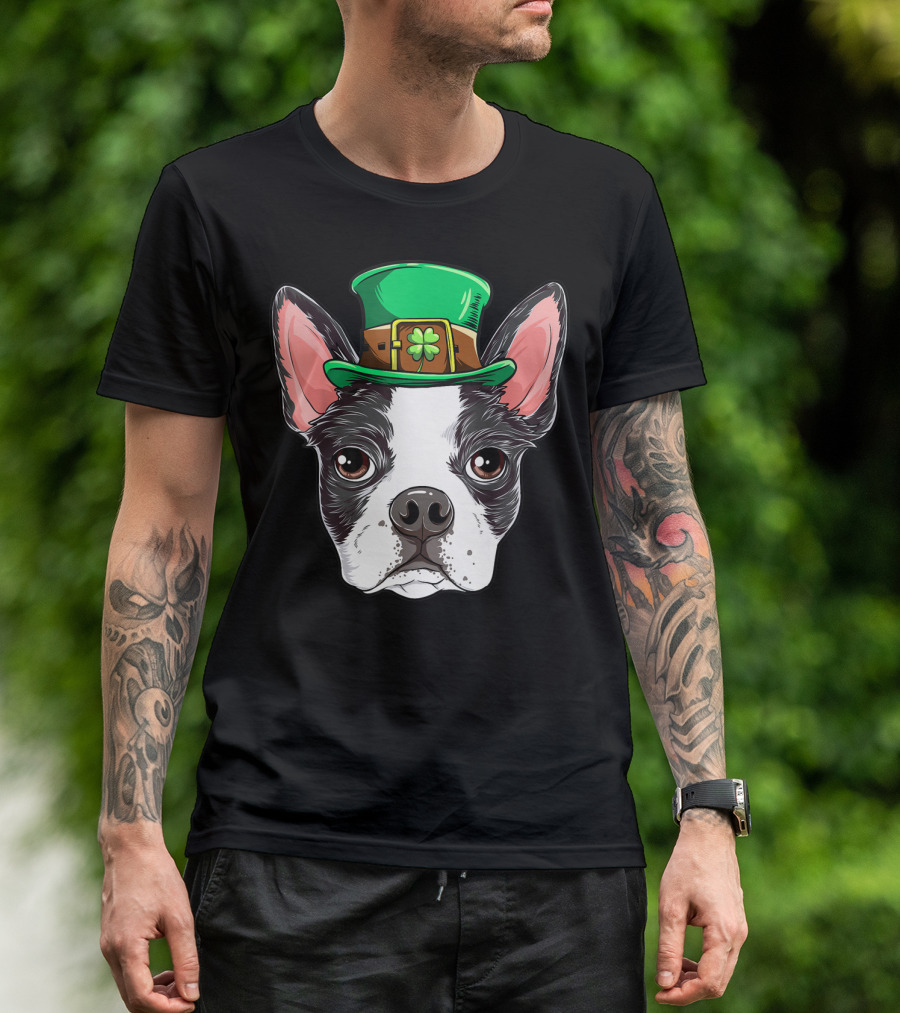 Boston Terrier St Patricks Day Leprechaun Dog With Green Hat T-Shirt