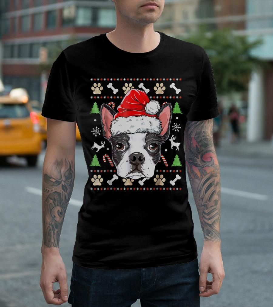 Boston Terrier Christmas Santa Hat Dog With Bones And Tree T-Shirt
